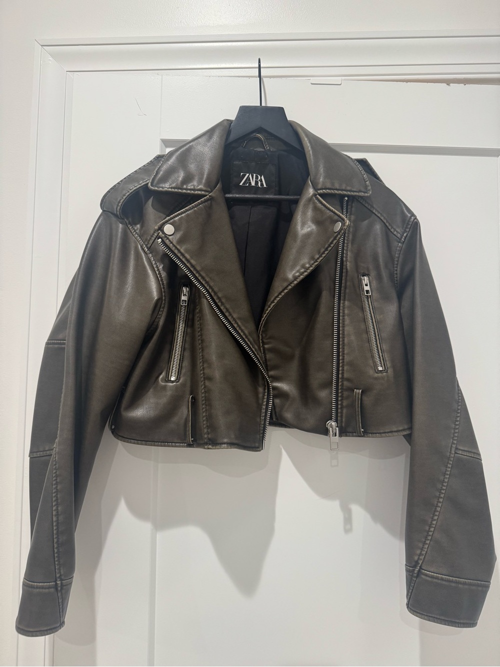Zara Brown Cropped Faux Leather Moto Jacket